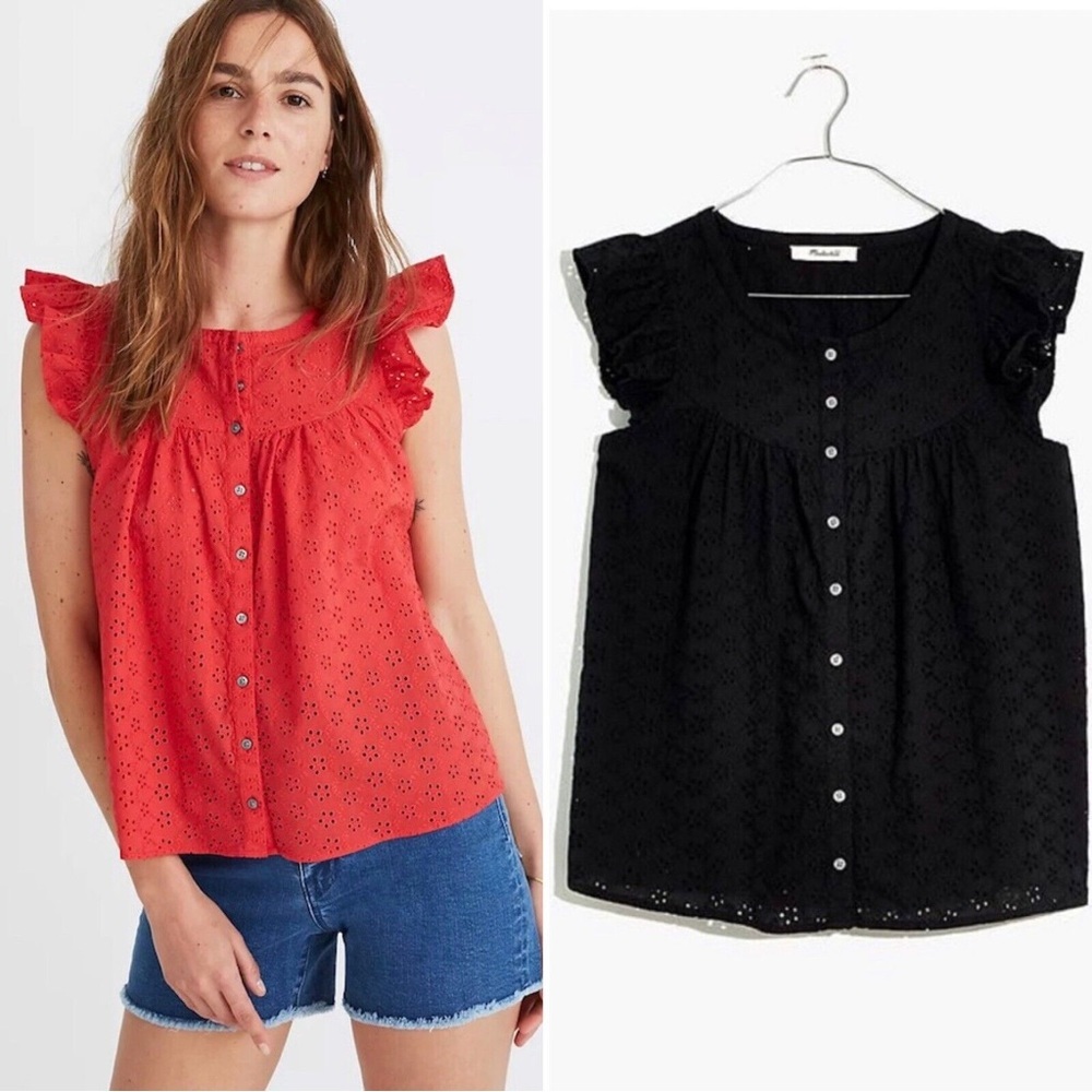 Madewell Ruffle Sleeve Bib Eyelet Top Black Small